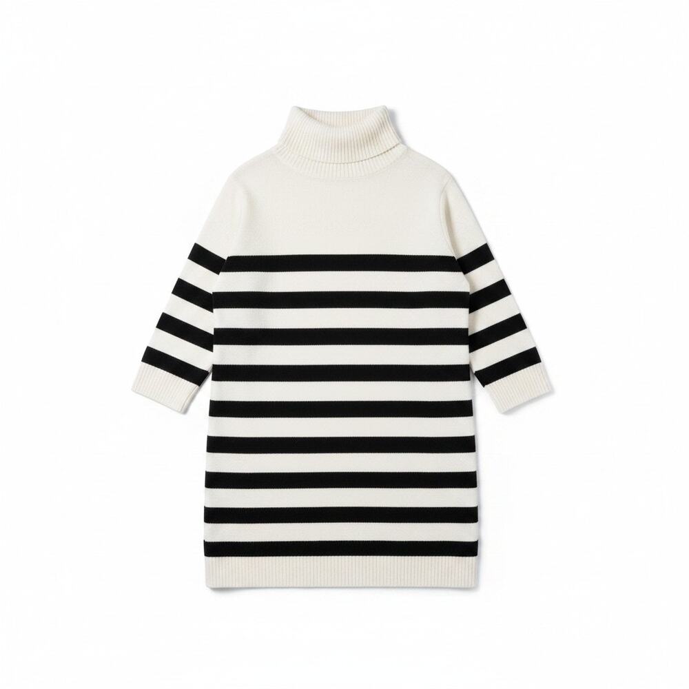 Nine West Striped Turtleneck Sweater Dress Cream Black Medium Parisian Coastal